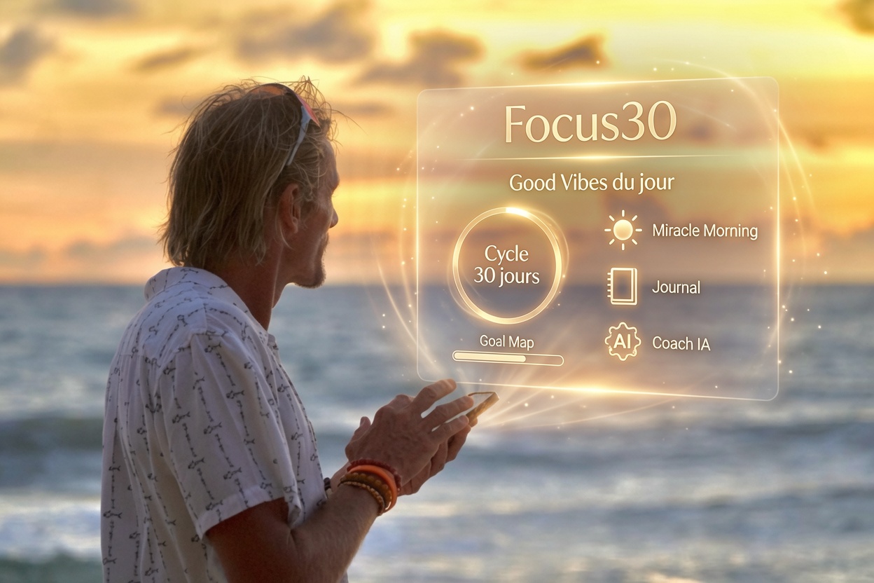 Membre Focus30 face à l'océan au coucher du soleil avec l'application Focus30