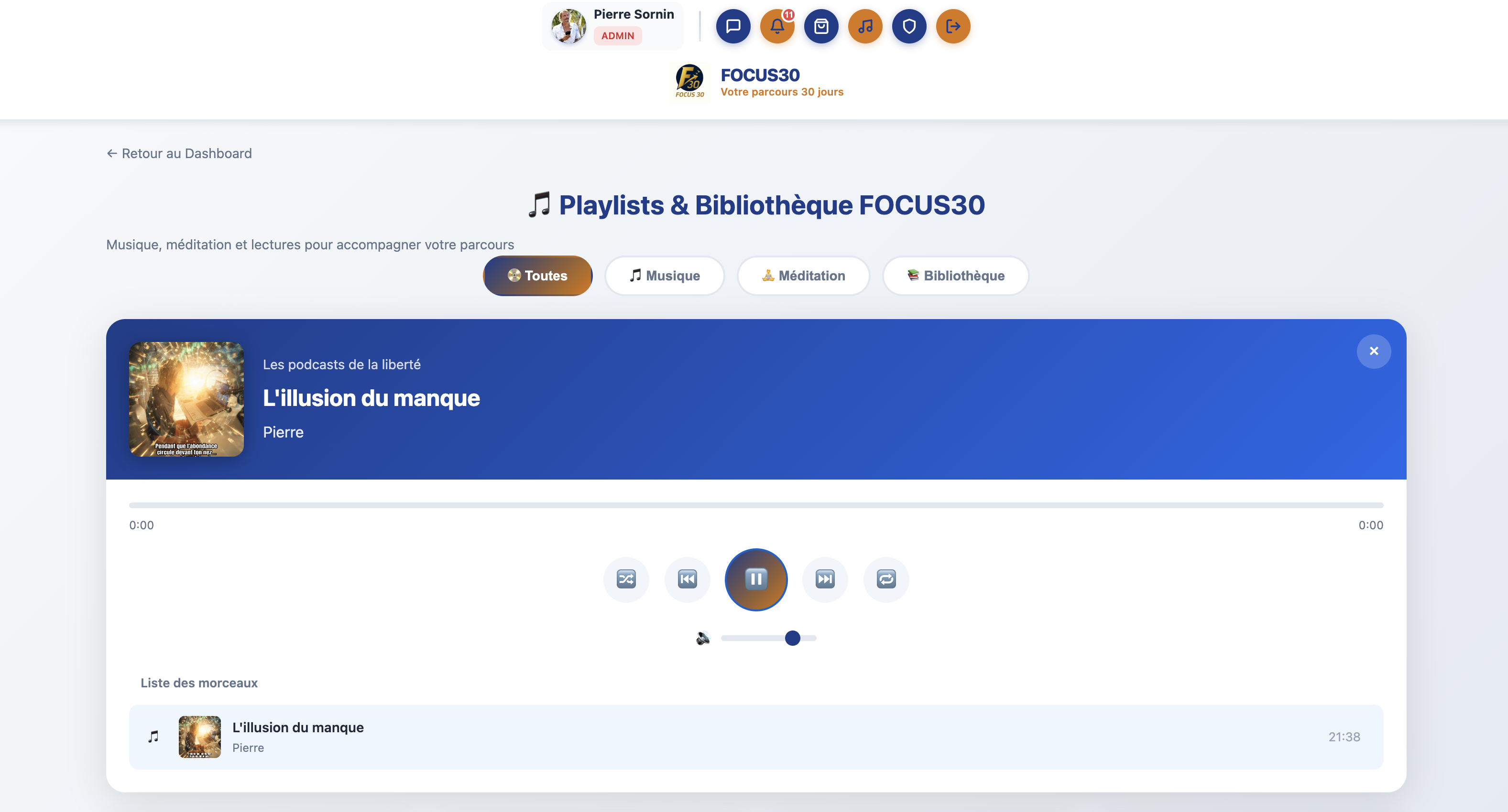 Bibliothèque FOCUS30 avec lecteur audio, musiques, méditations et podcasts