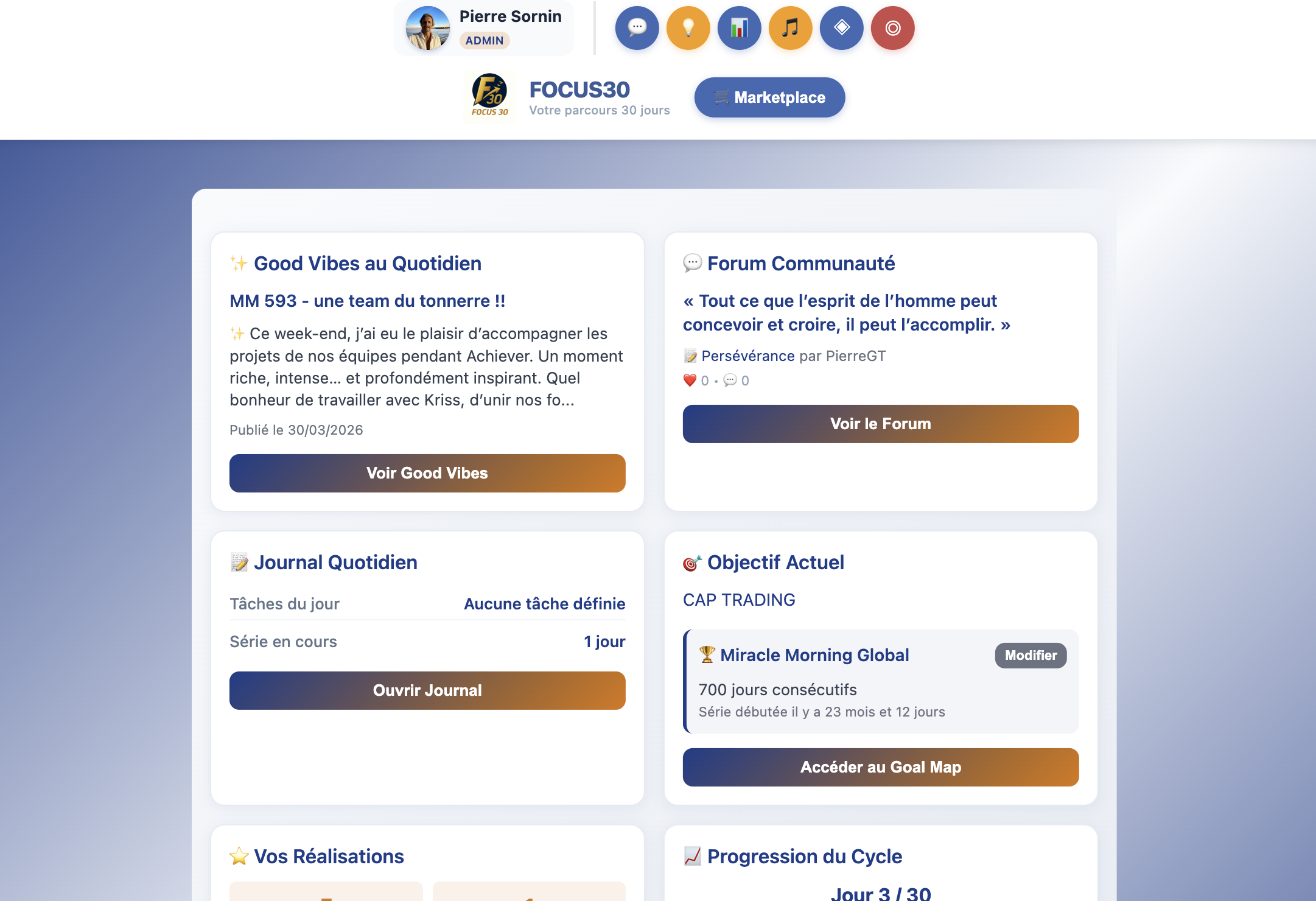 Tableau de bord FOCUS30 : objectif, journal quotidien, série et progression du cycle